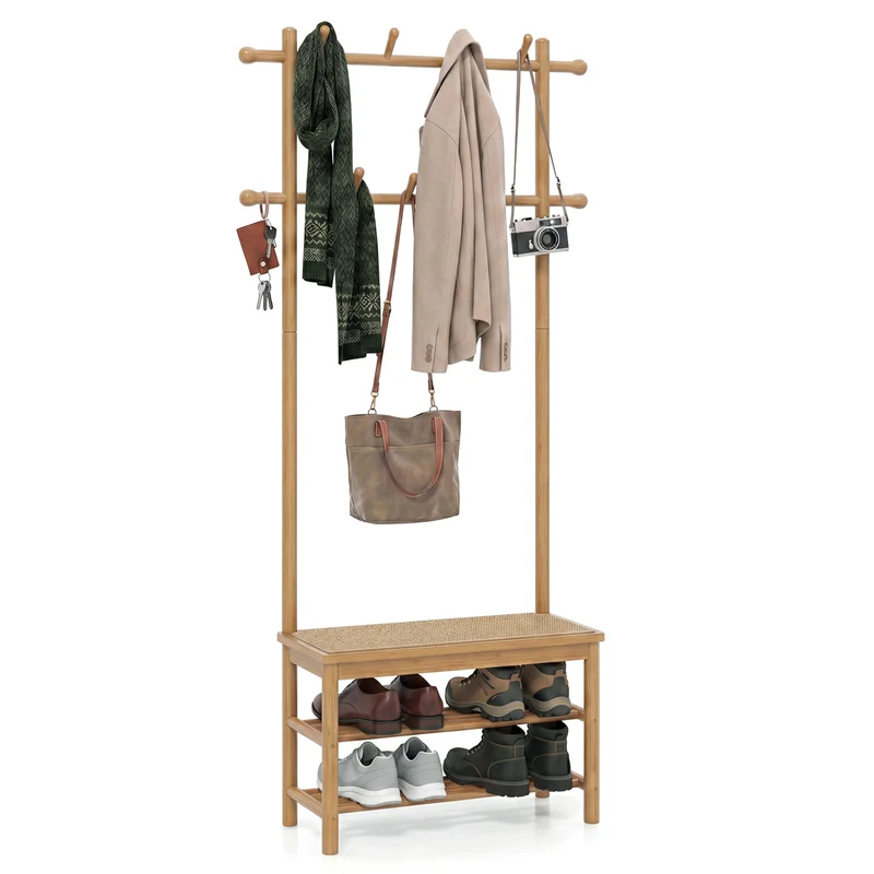 Bamboo Coat Rack With Bench, Shoe Storage, 3-In-1 Entryway, Natural