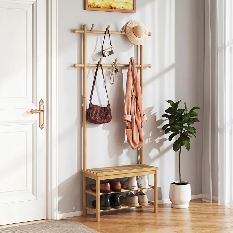 Bamboo Coat Rack With Bench, Shoe Storage, 3-In-1 Entryway, Natural