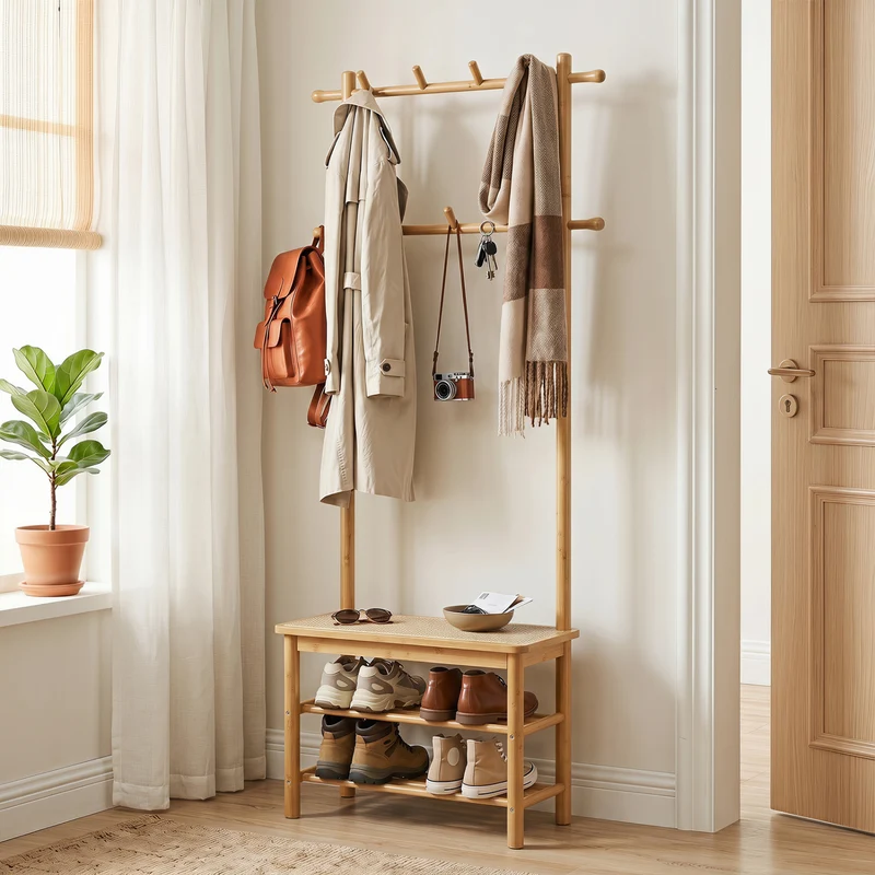 Bamboo Coat Rack With Bench, Shoe Storage, 3-In-1 Entryway, Natural