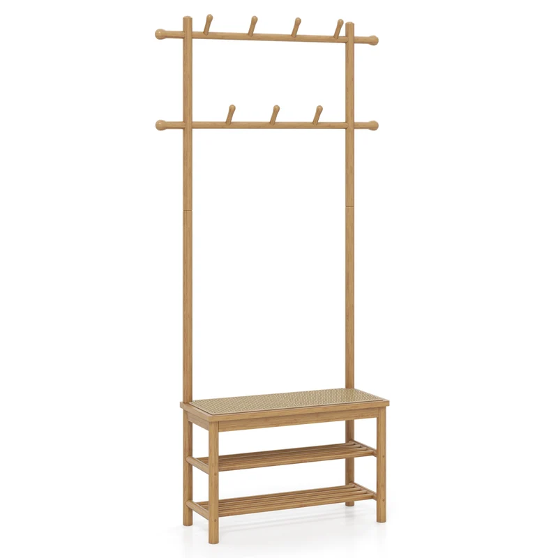Bamboo Coat Rack With Bench, Shoe Storage, 3-In-1 Entryway, Natural