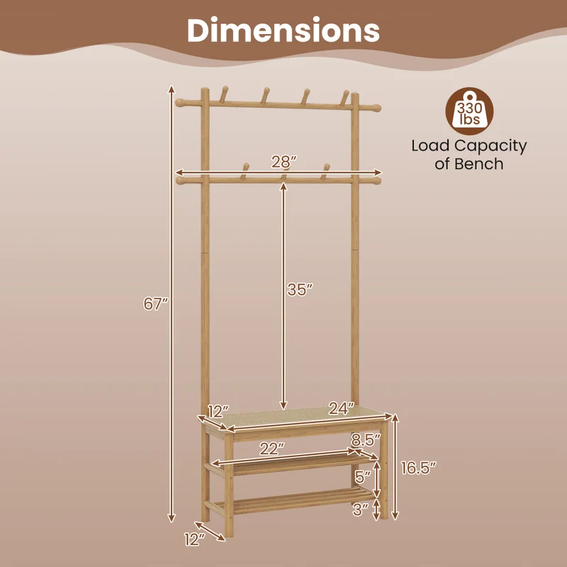 Bamboo Coat Rack With Bench, Shoe Storage, 3-In-1 Entryway, Natural
