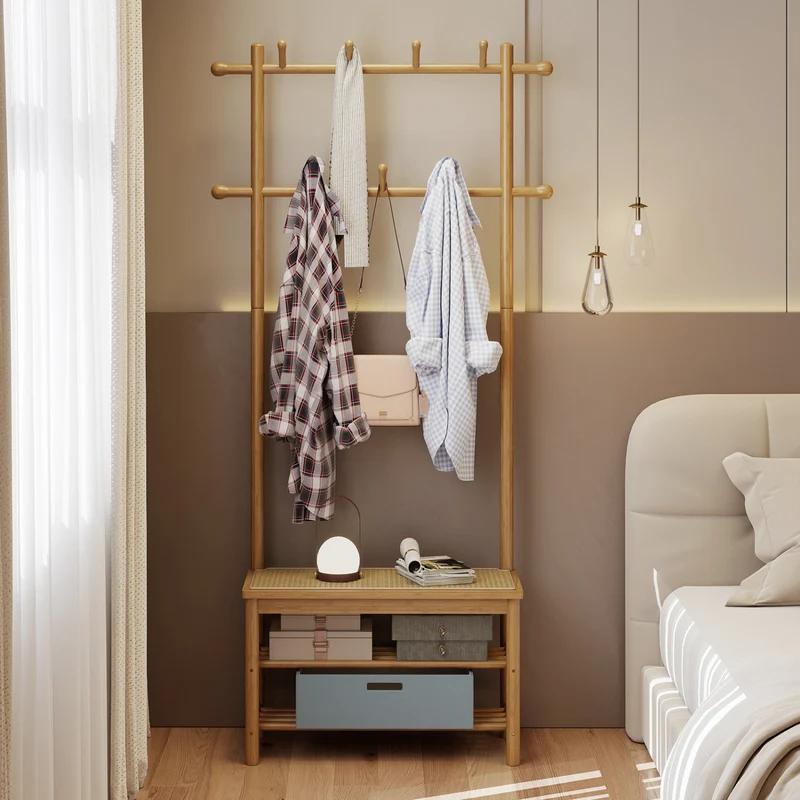 Bamboo Coat Rack With Bench, Shoe Storage, 3-In-1 Entryway, Natural