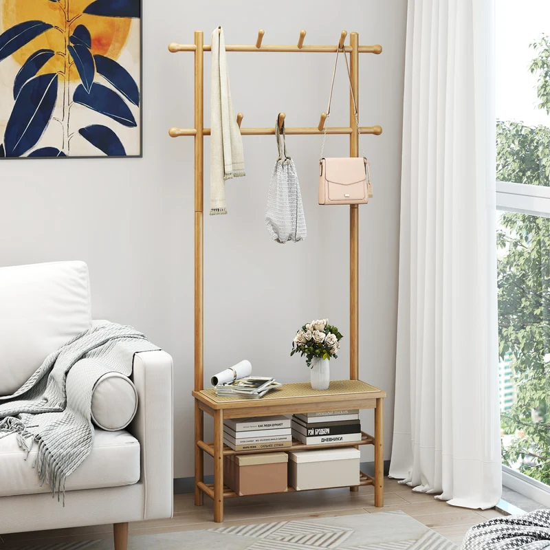 Bamboo Coat Rack With Bench, Shoe Storage, 3-In-1 Entryway, Natural