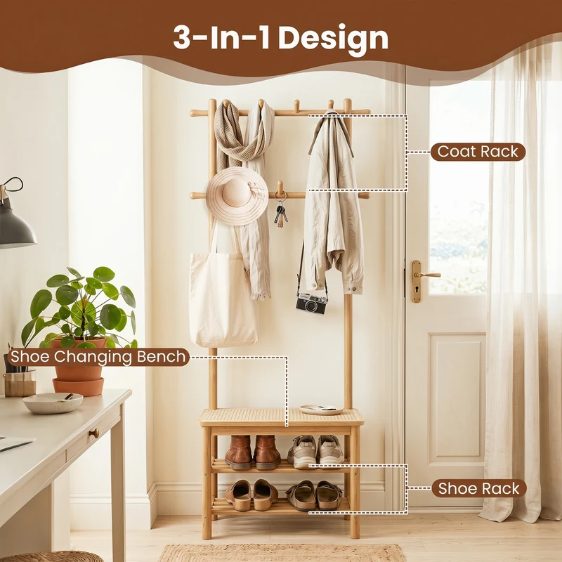 Bamboo Coat Rack With Bench, Shoe Storage, 3-In-1 Entryway, Natural