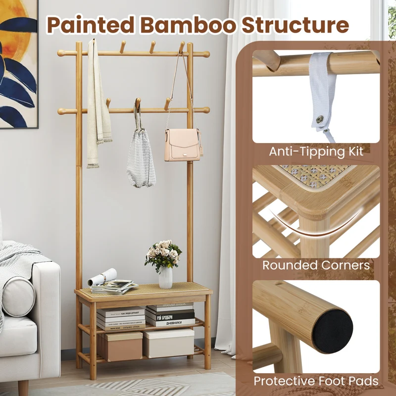 Bamboo Coat Rack With Bench, Shoe Storage, 3-In-1 Entryway, Natural