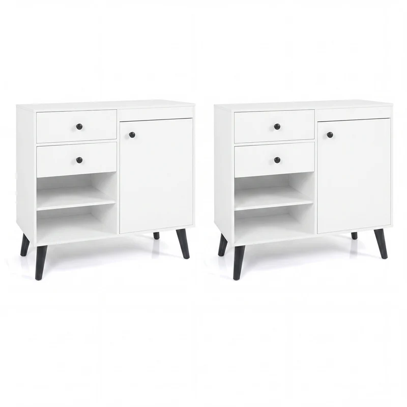 Set of 2 31" Buffet Cabinet with 2 Drawers and Open Compartments for Kitchen, White