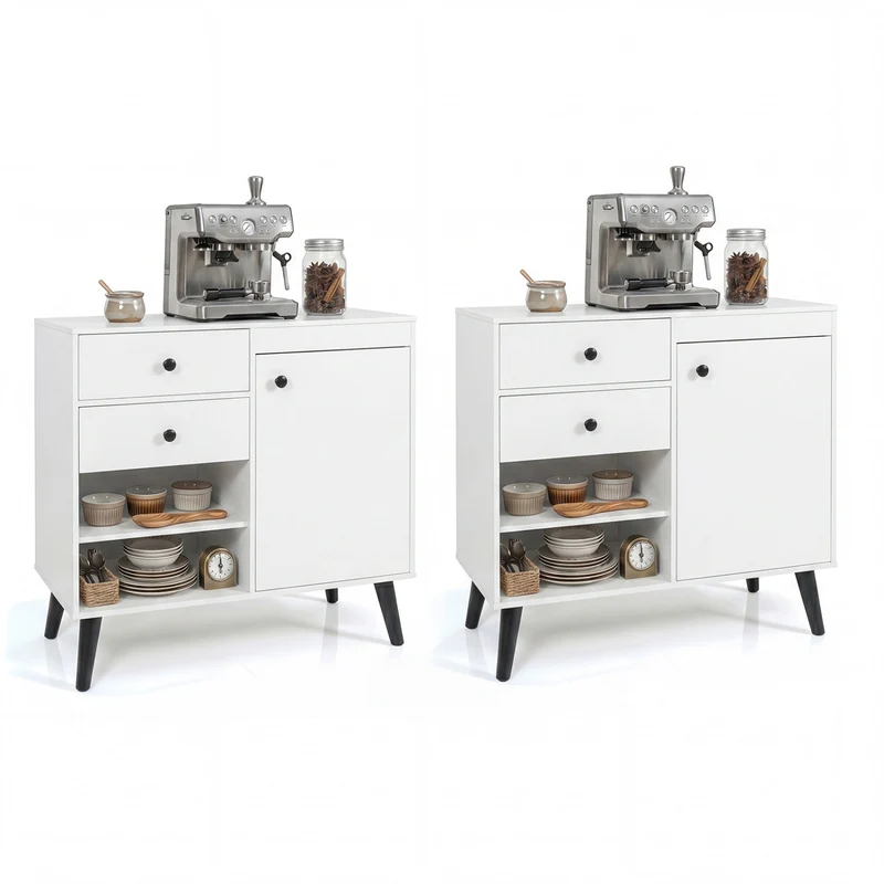 Set of 2 31" Buffet Cabinet with 2 Drawers and Open Compartments for Kitchen, White