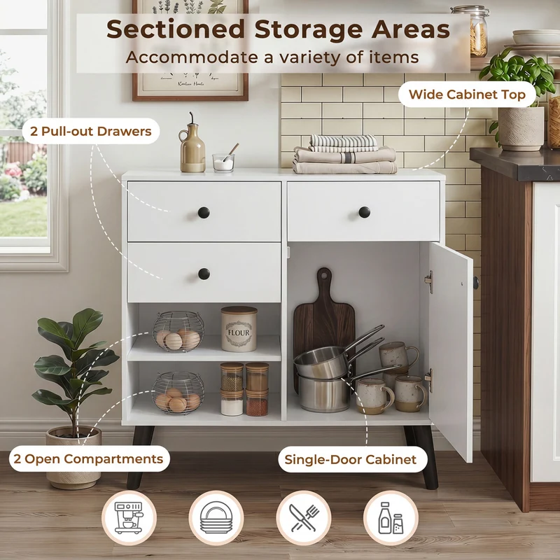 Set of 2 31" Buffet Cabinet with 2 Drawers and Open Compartments for Kitchen, White