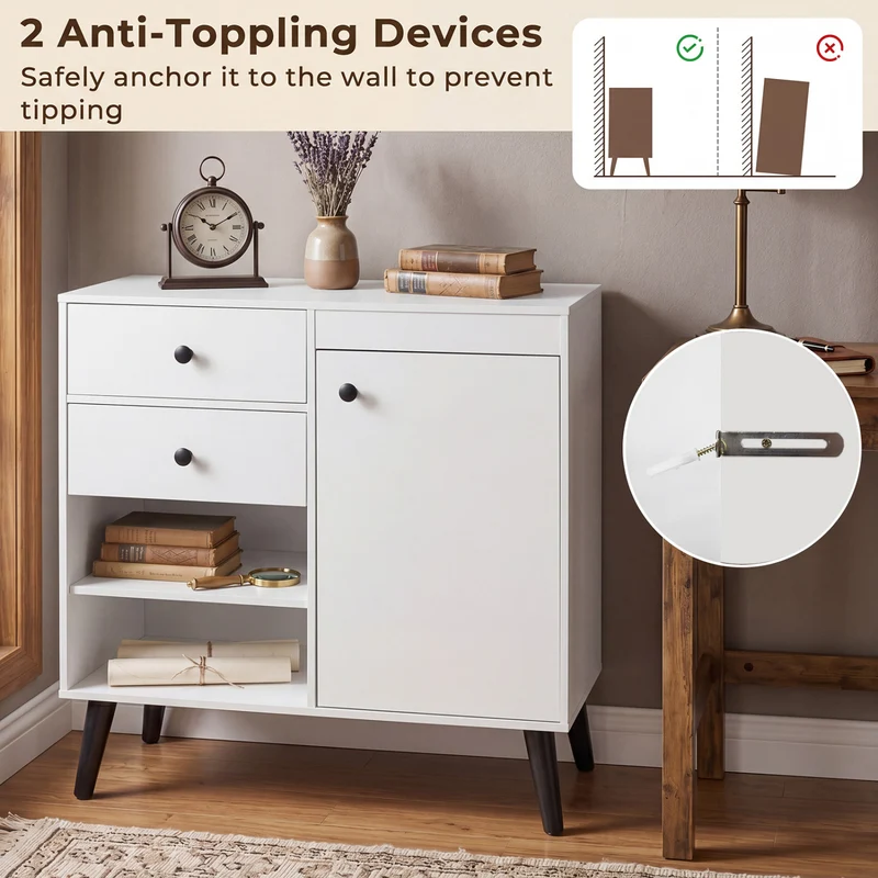 Set of 2 31" Buffet Cabinet with 2 Drawers and Open Compartments for Kitchen, White