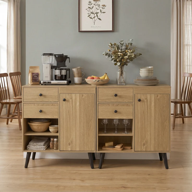 Set of 2 31" Buffet Cabinet with 2 Drawers and Open Compartments for Kitchen, Natural