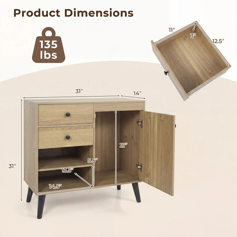 Set of 2 31" Buffet Cabinet with 2 Drawers and Open Compartments for Kitchen, Natural