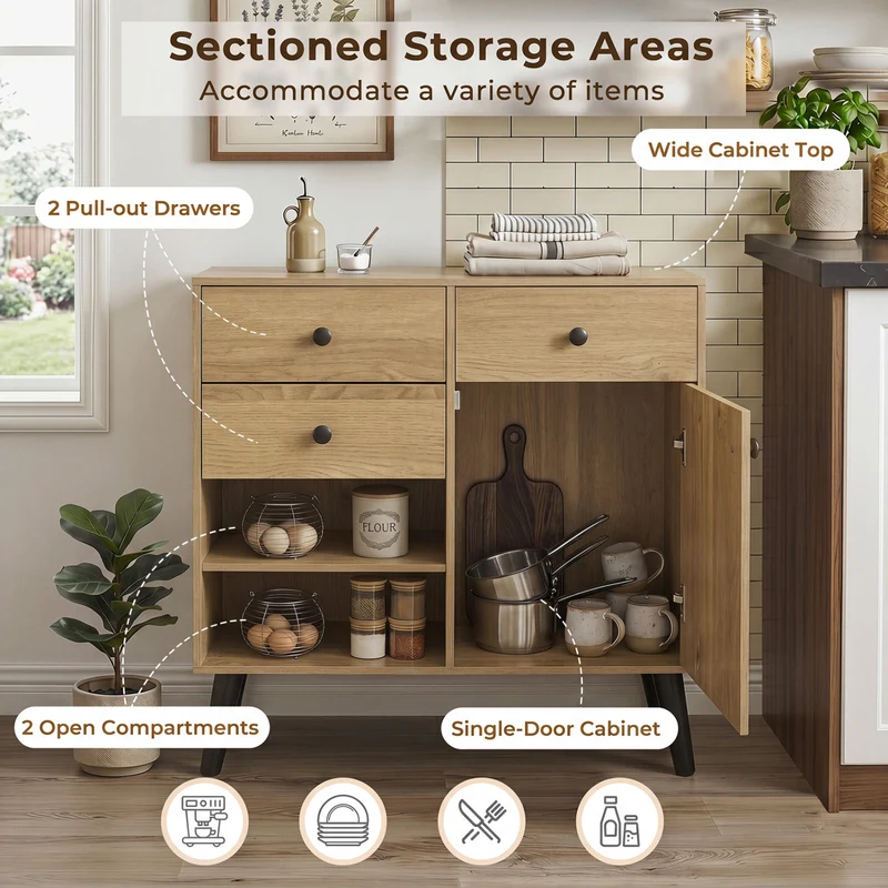 Set of 2 31" Buffet Cabinet with 2 Drawers and Open Compartments for Kitchen, Natural