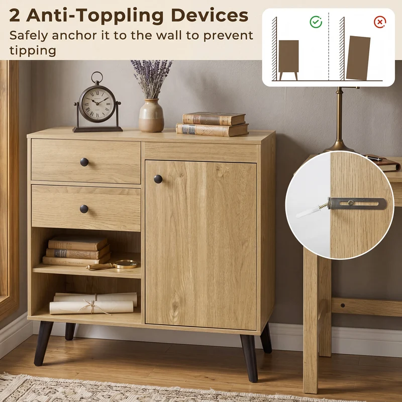 Set of 2 31" Buffet Cabinet with 2 Drawers and Open Compartments for Kitchen, Natural