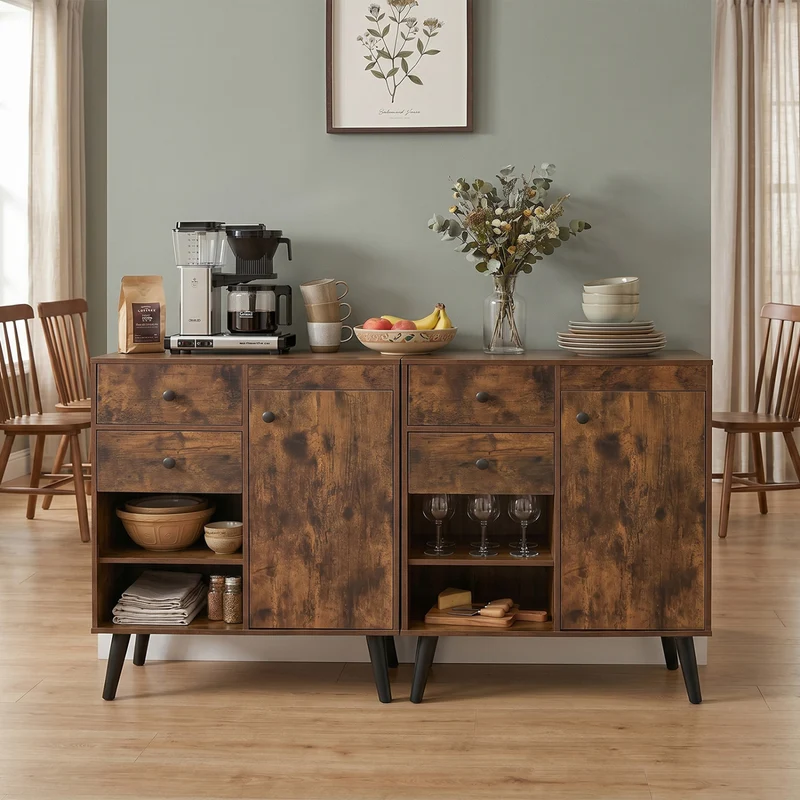 Set of 2 31" Buffet Cabinet with 2 Drawers and Open Compartments for Kitchen, Rustic Brown