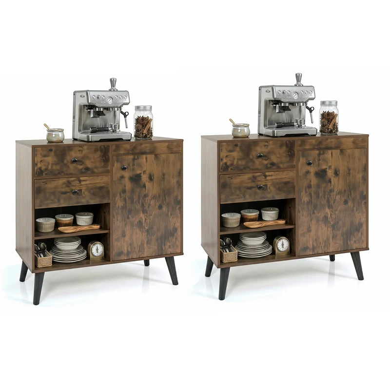 Set of 2 31" Buffet Cabinet with 2 Drawers and Open Compartments for Kitchen, Rustic Brown