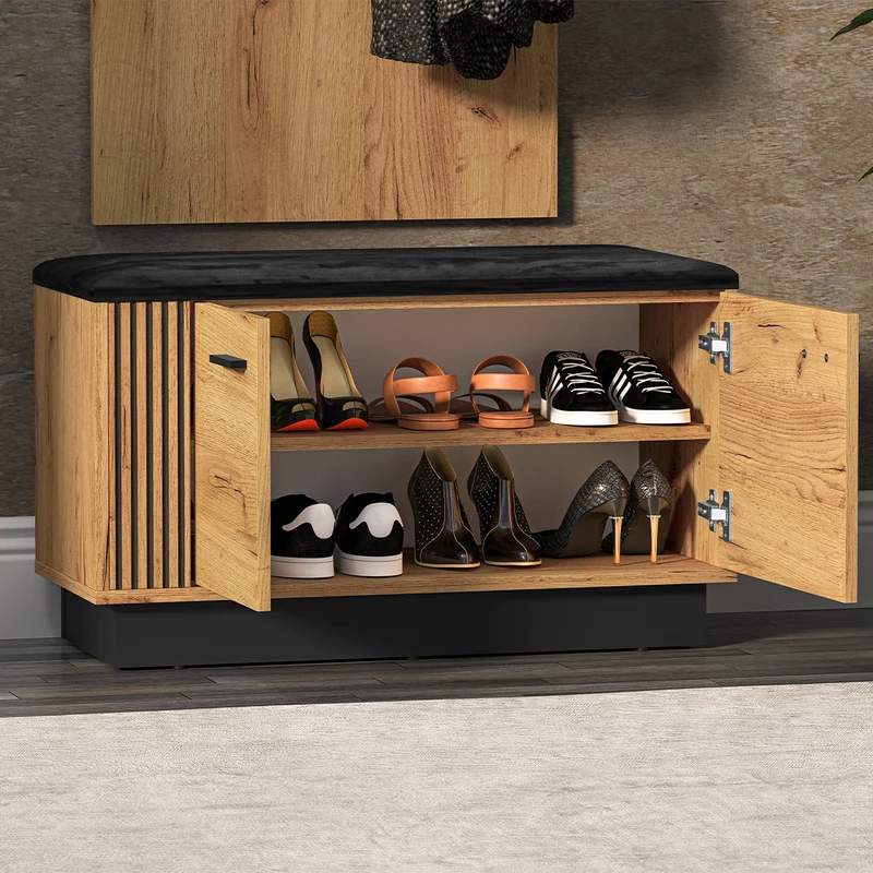 Meuble entrée porte-manteau et banc à chaussures 2 portes Nilo Bois