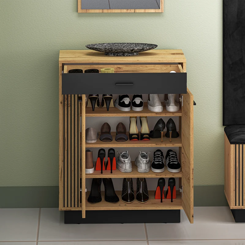 Meuble à chaussures 2 portes battantes 1 tiroir Nilo Bois