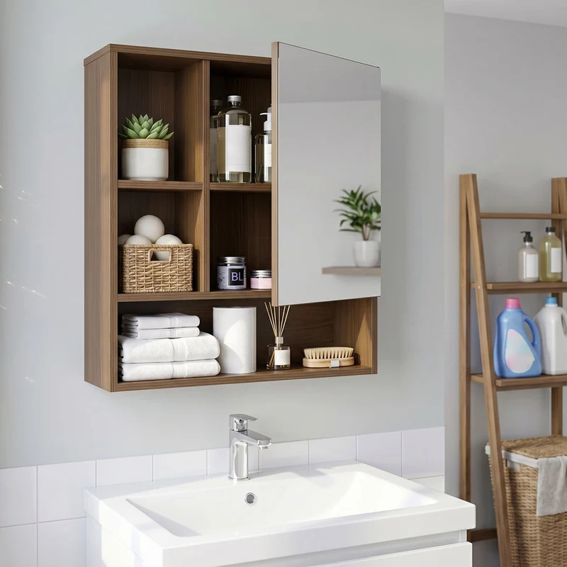 Wall-Mounted Mirror Cabinet with 2 Hidden Shelves and 3 Open Compartments, Walnut