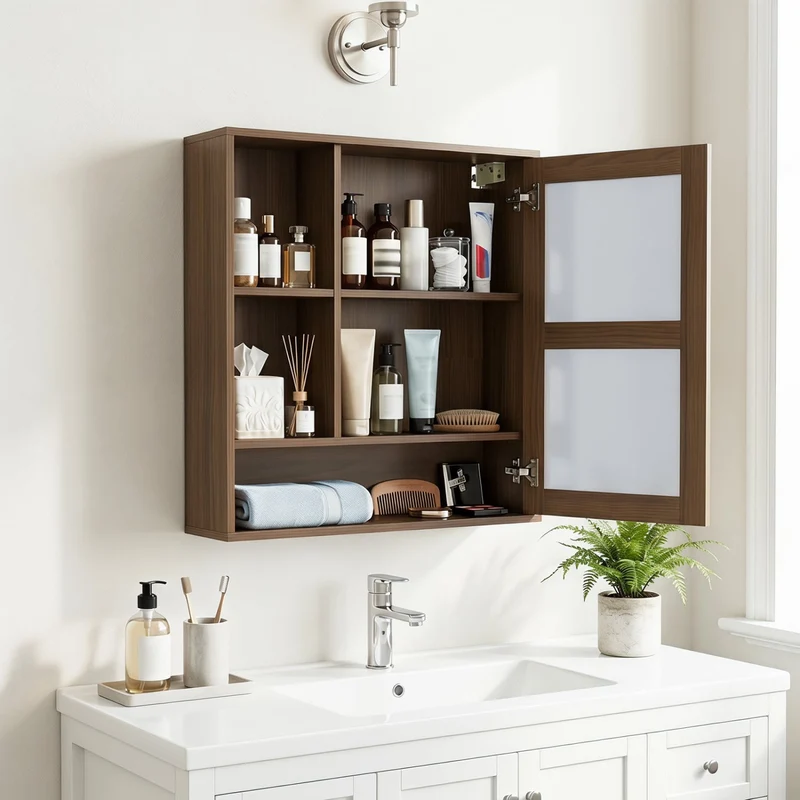 Wall-Mounted Mirror Cabinet with 2 Hidden Shelves and 3 Open Compartments, Walnut