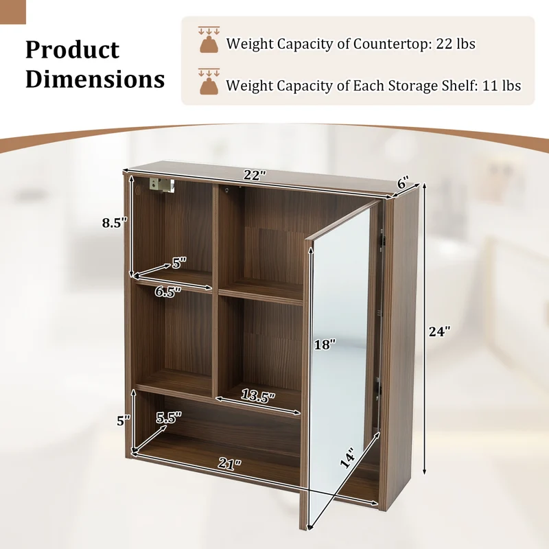 Wall-Mounted Mirror Cabinet with 2 Hidden Shelves and 3 Open Compartments, Walnut