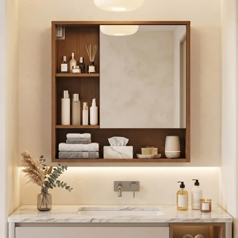 Wall-Mounted Mirror Cabinet with 2 Hidden Shelves and 3 Open Compartments, Walnut