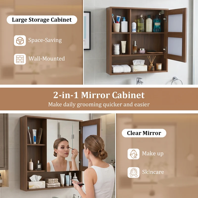 Wall-Mounted Mirror Cabinet with 2 Hidden Shelves and 3 Open Compartments, Walnut