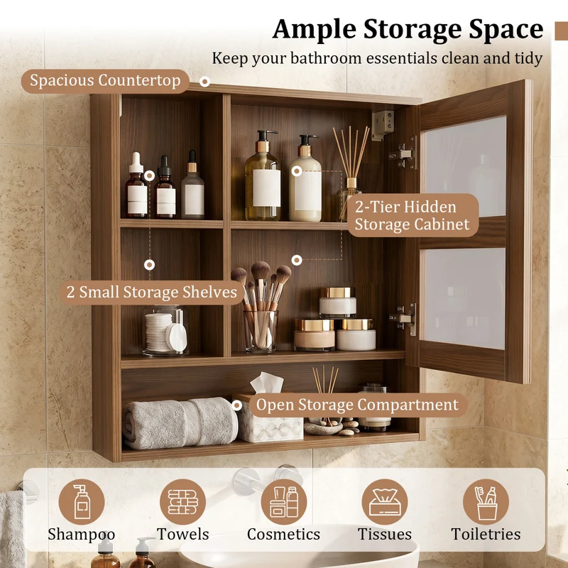 Wall-Mounted Mirror Cabinet with 2 Hidden Shelves and 3 Open Compartments, Walnut