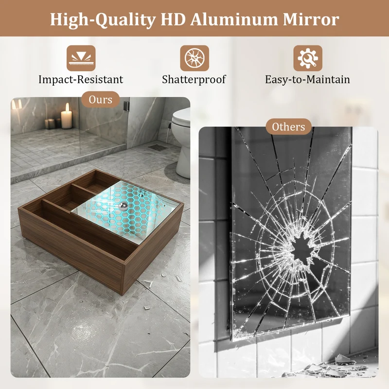 Wall-Mounted Mirror Cabinet with 2 Hidden Shelves and 3 Open Compartments, Walnut