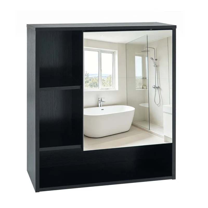 Wall-Mounted Mirror Cabinet with 2 Hidden Shelves and 3 Open Compartments, Black