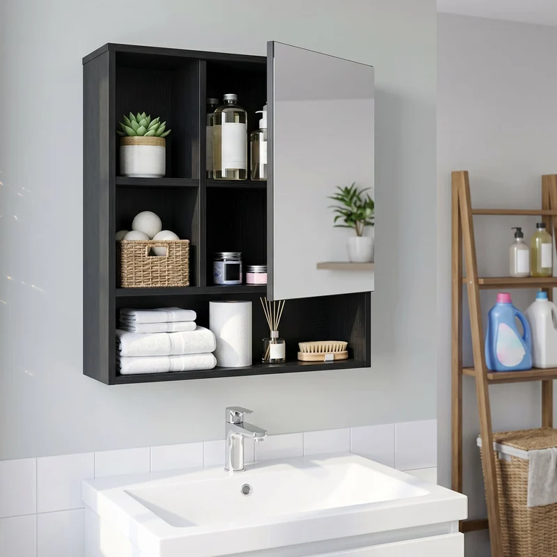 Wall-Mounted Mirror Cabinet with 2 Hidden Shelves and 3 Open Compartments, Black