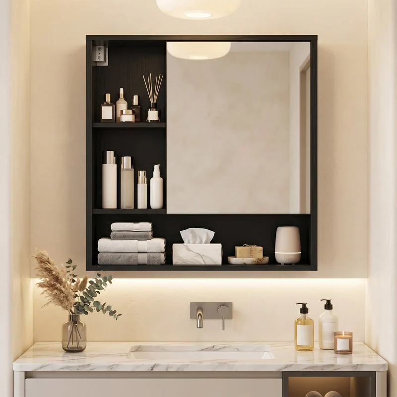 Wall-Mounted Mirror Cabinet with 2 Hidden Shelves and 3 Open Compartments, Black