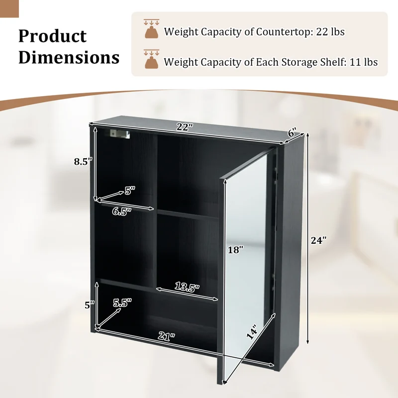 Wall-Mounted Mirror Cabinet with 2 Hidden Shelves and 3 Open Compartments, Black