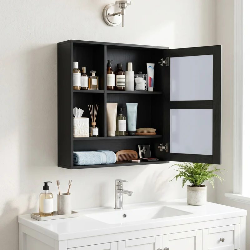 Wall-Mounted Mirror Cabinet with 2 Hidden Shelves and 3 Open Compartments, Black