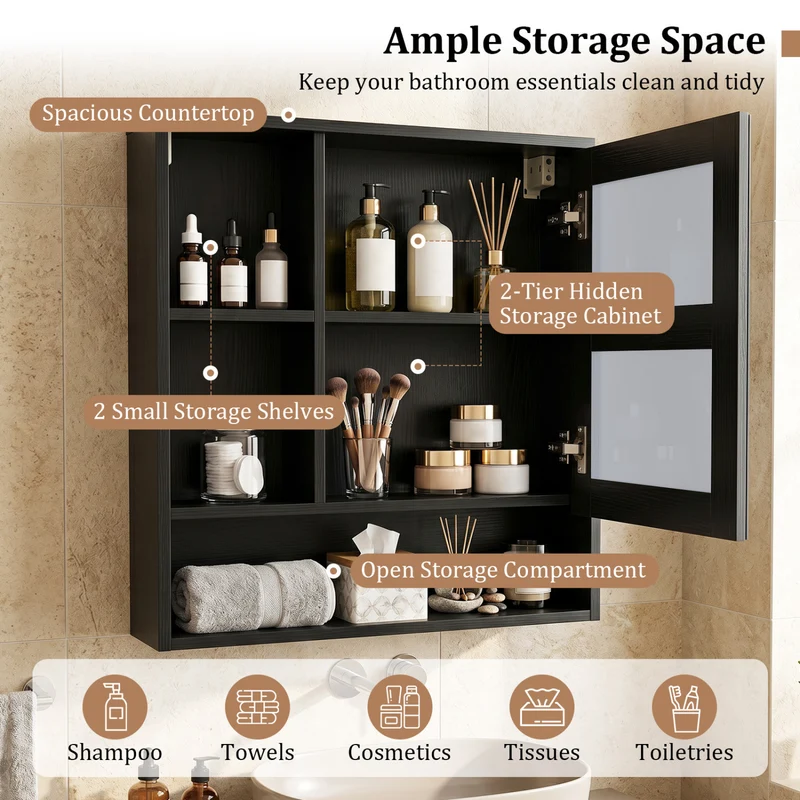 Wall-Mounted Mirror Cabinet with 2 Hidden Shelves and 3 Open Compartments, Black