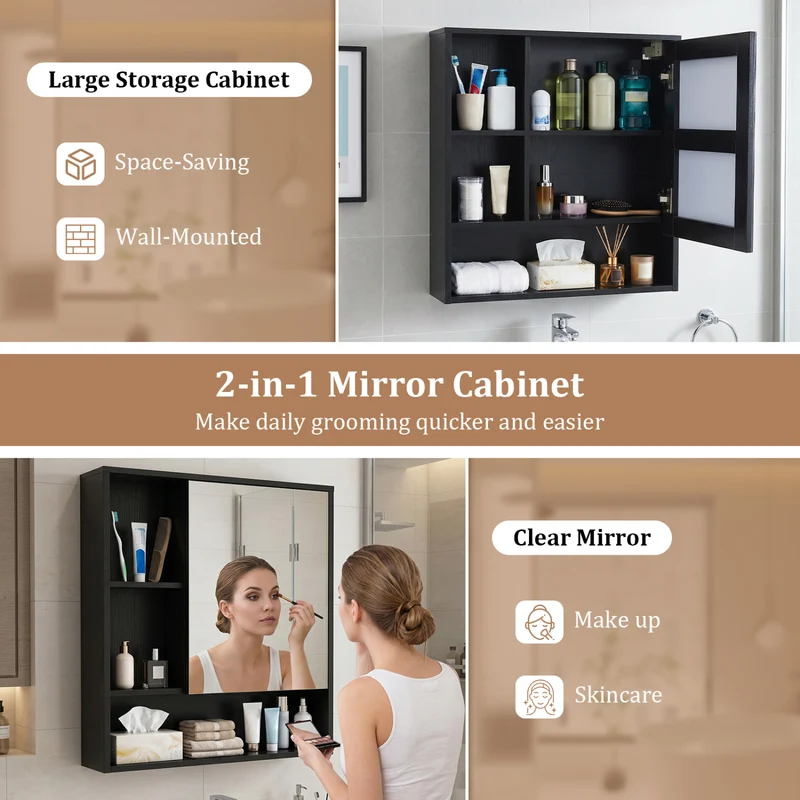 Wall-Mounted Mirror Cabinet with 2 Hidden Shelves and 3 Open Compartments, Black