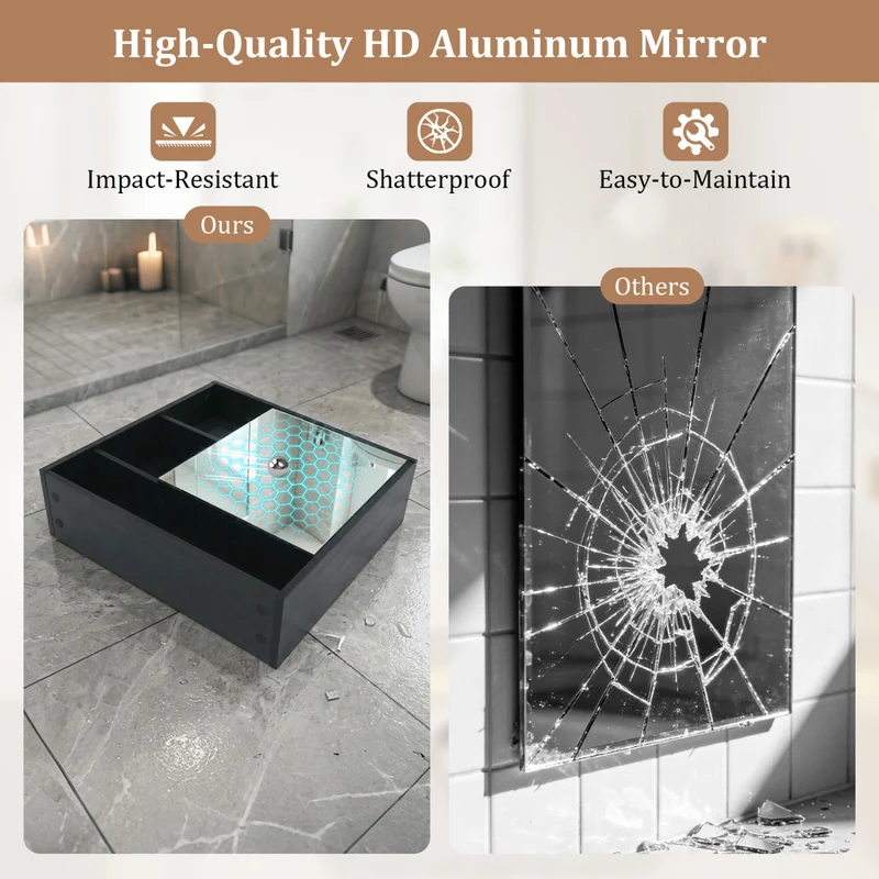 Wall-Mounted Mirror Cabinet with 2 Hidden Shelves and 3 Open Compartments, Black