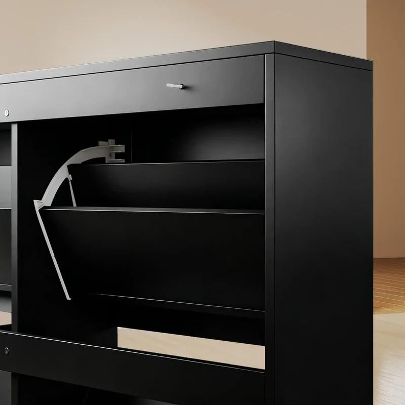 Shoe Cabinet with 4 Flip Drawers, Freestanding Narrow Shoe Storage Cabinet with Adjustable Shelves, Open Back, Black