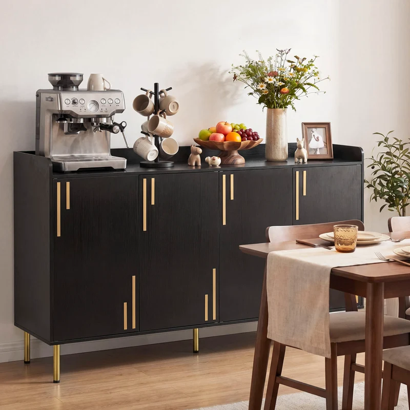 55" Buffet Cabinet with 4 Doors and 5 Metal Legs Modern Credenza, Black