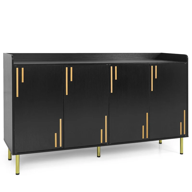 55" Buffet Cabinet with 4 Doors and 5 Metal Legs Modern Credenza, Black