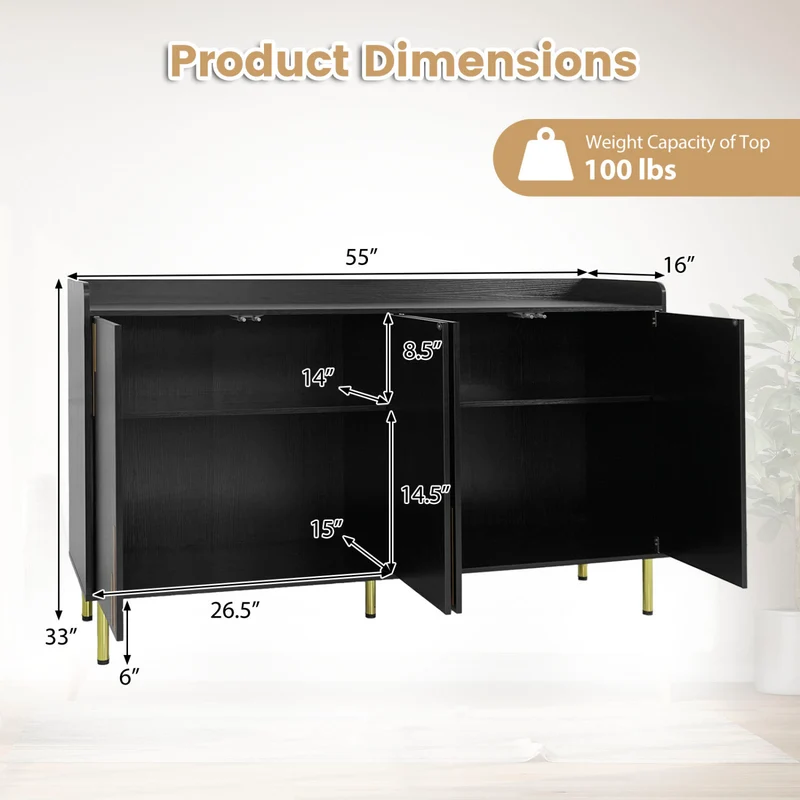 55" Buffet Cabinet with 4 Doors and 5 Metal Legs Modern Credenza, Black
