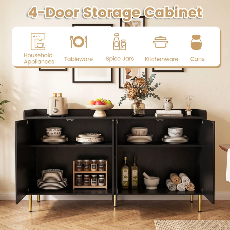 55" Buffet Cabinet with 4 Doors and 5 Metal Legs Modern Credenza, Black
