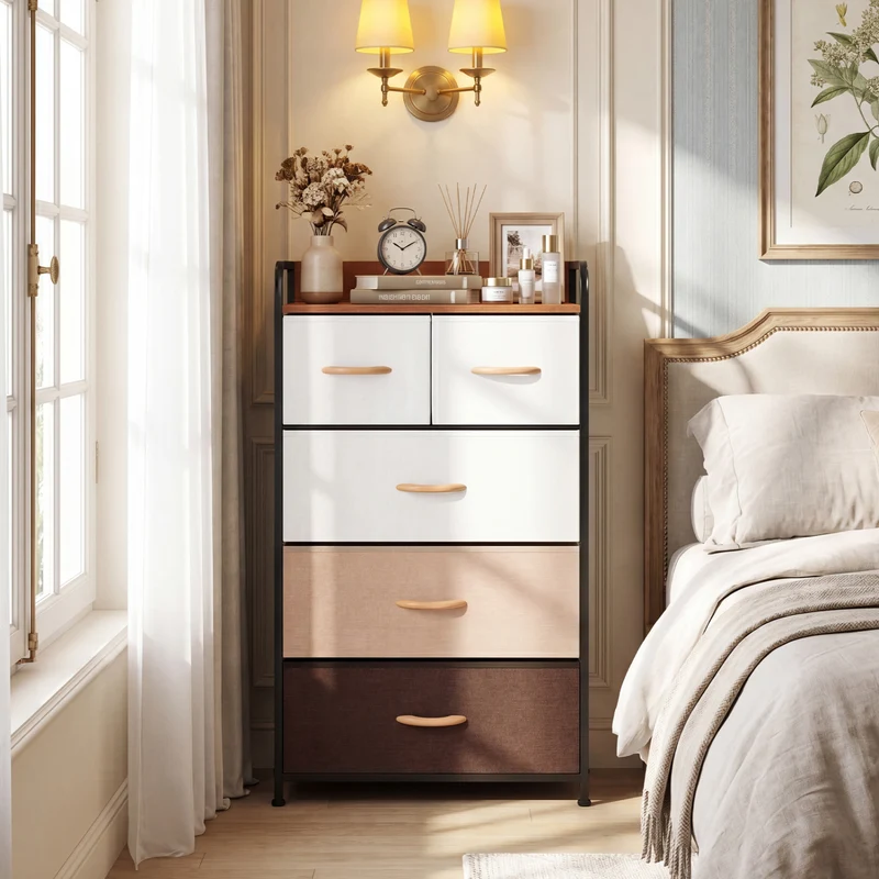 5-Drawer Fabric Dresser with Removable Fabric Bins, Multicolor