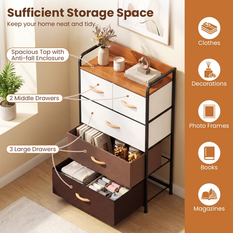 5-Drawer Fabric Dresser with Removable Fabric Bins, Multicolor