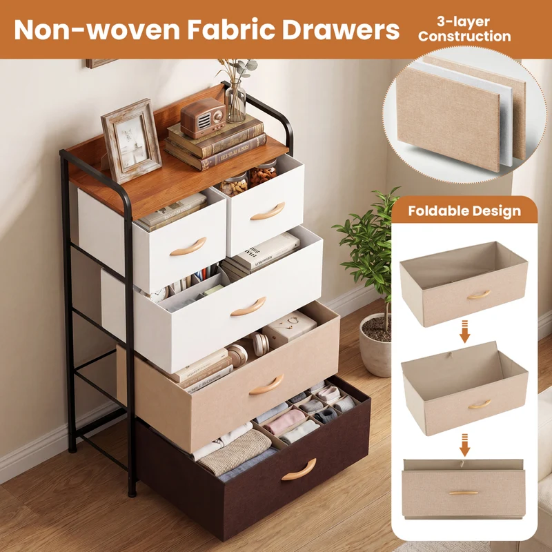 5-Drawer Fabric Dresser with Removable Fabric Bins, Multicolor