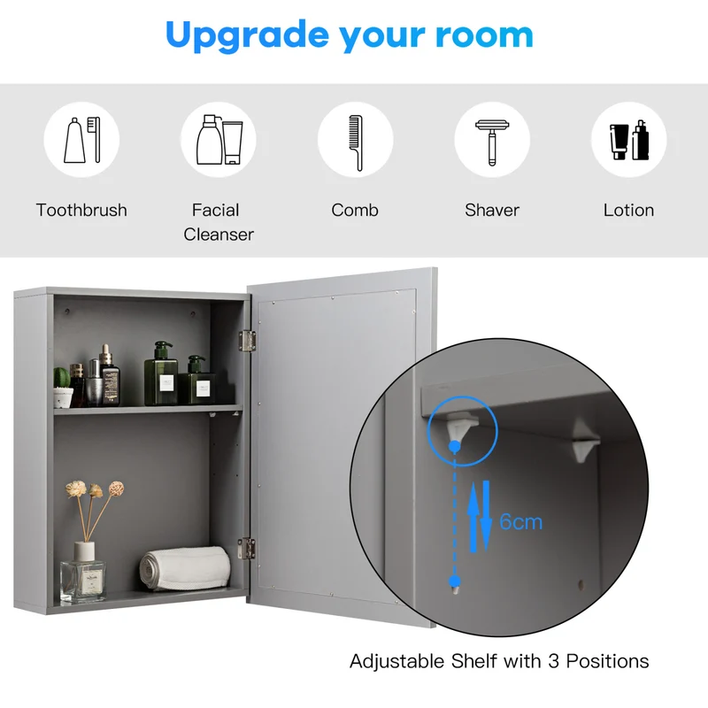 Wall Mounted Mirrored Medicine Cabinet, Gray