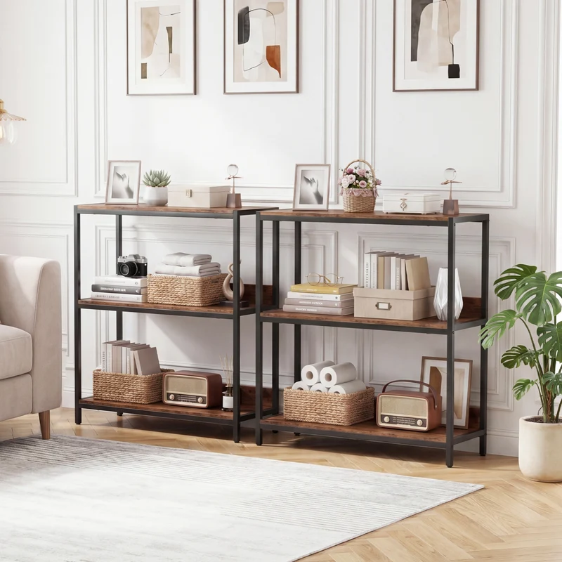 2-Pack 3-Tier Industrial Bookshelf, Metal Frame