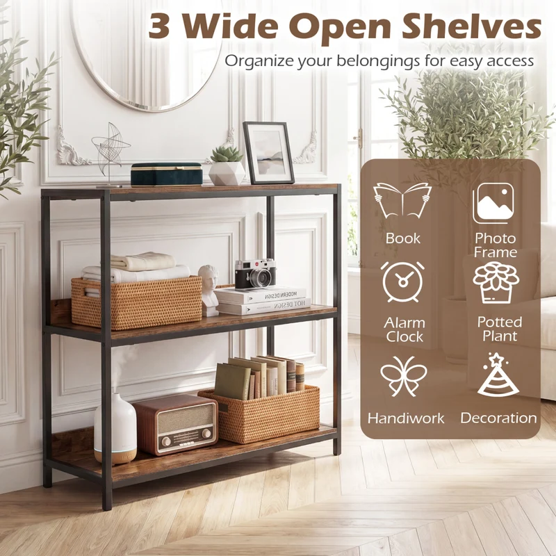 2-Pack 3-Tier Industrial Bookshelf, Metal Frame