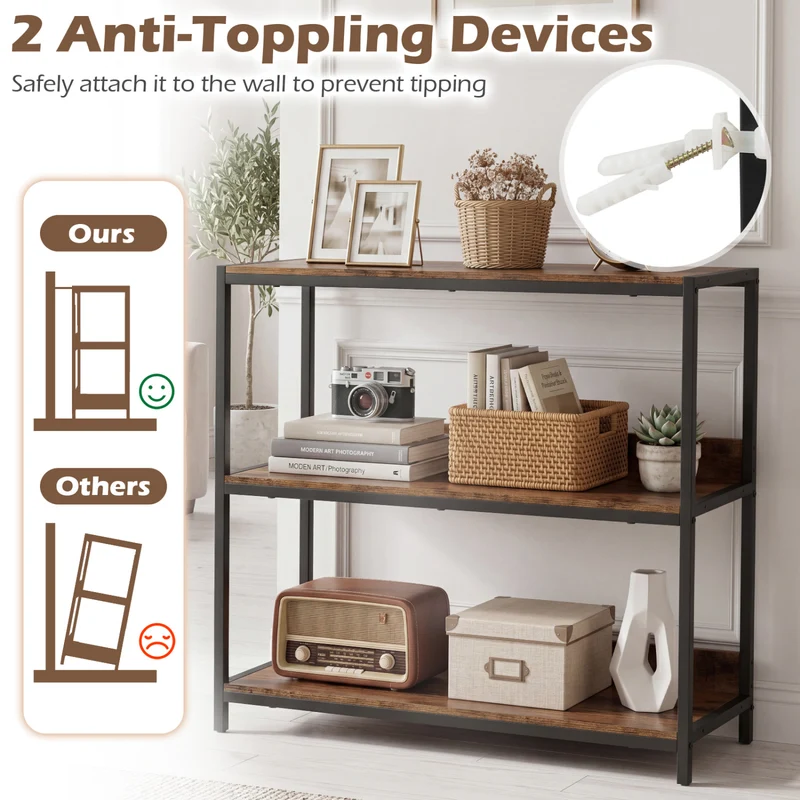2-Pack 3-Tier Industrial Bookshelf, Metal Frame