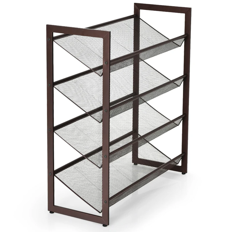 4-Tier Metal Shoe Rack, Flat And Slant Design, Brown
