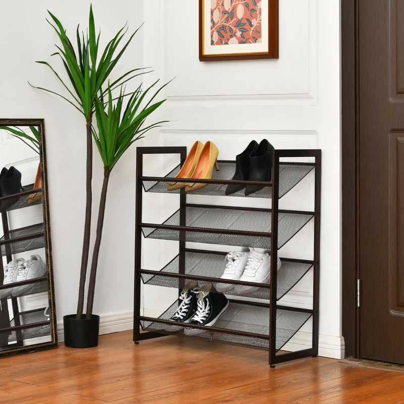 4-Tier Metal Shoe Rack, Flat And Slant Design, Brown